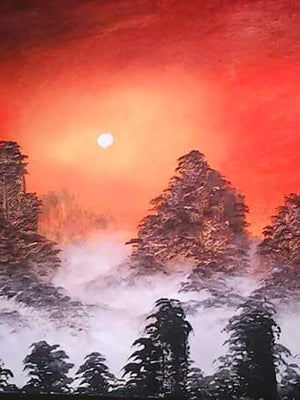 “Crimson Dawn Over the Mist”