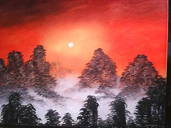 “Crimson Dawn Over the Mist”